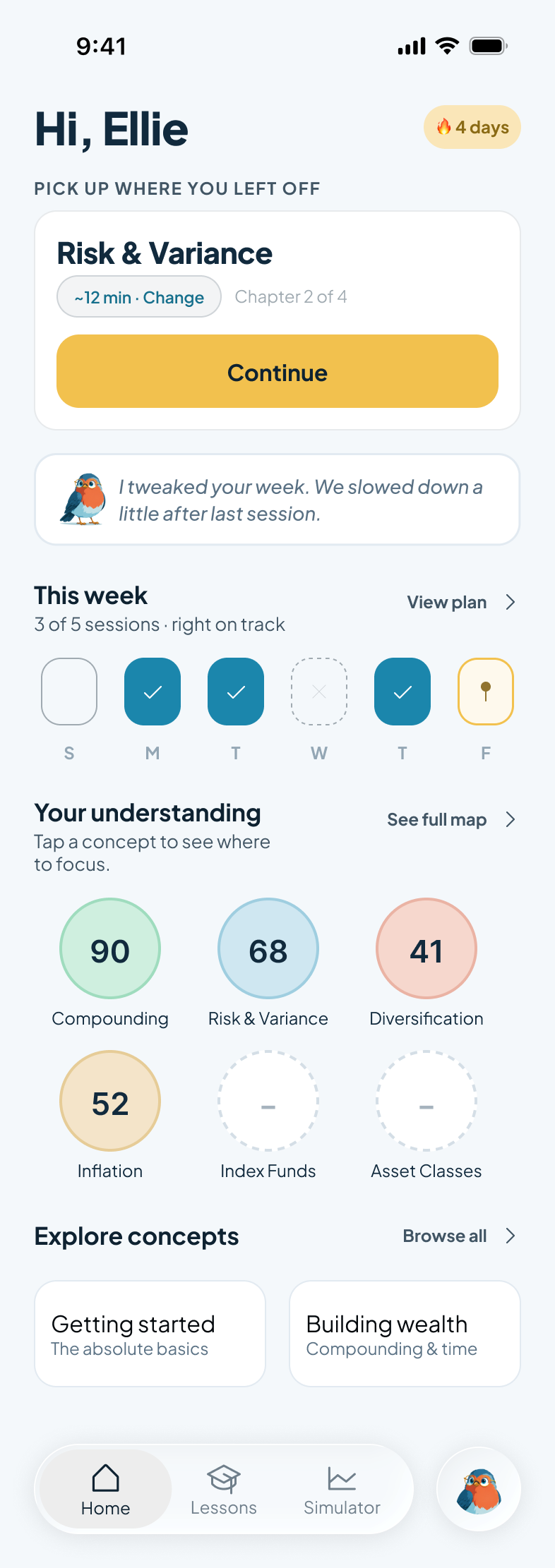 InvestNest Lessons home screen
