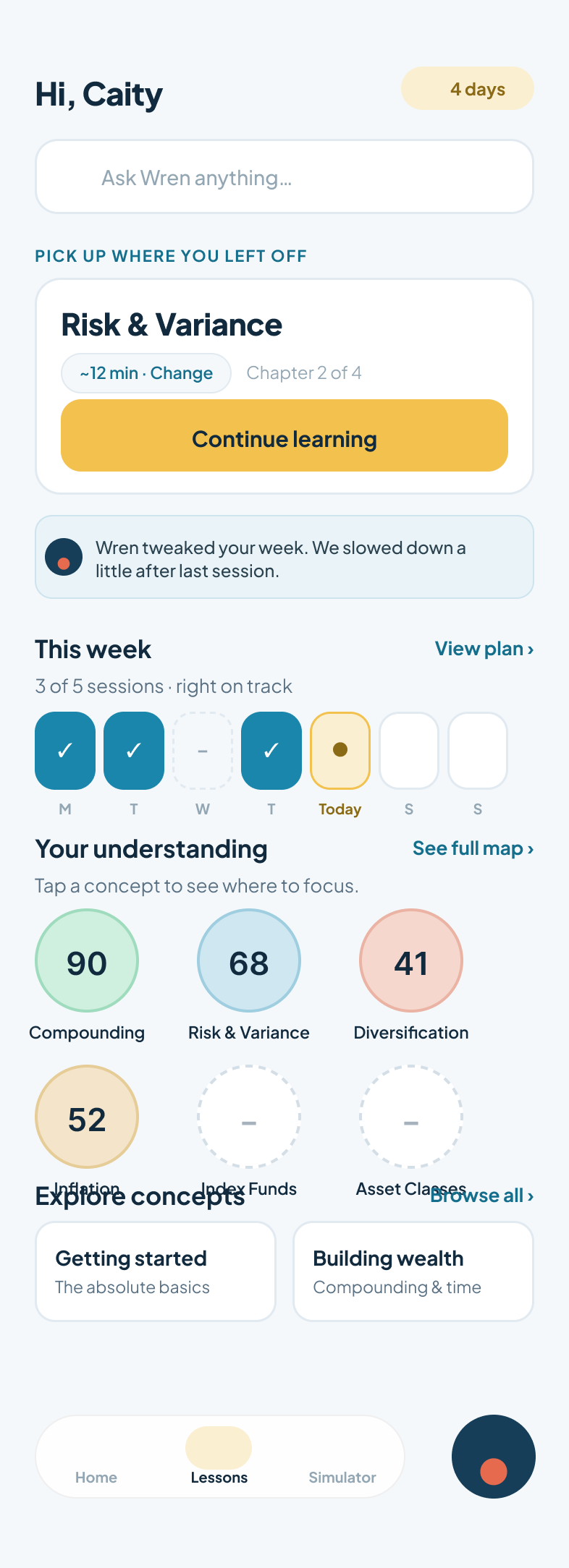 Lessons home v4 with single score circles and Wren's adaptive plan banner