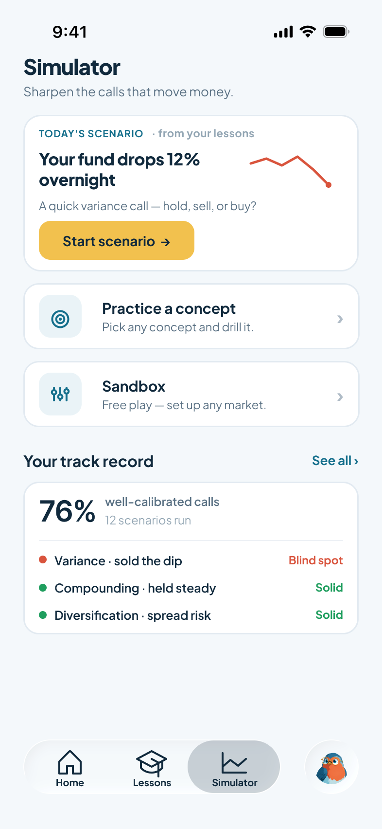Simulator home: today's scenario card, practice a concept, sandbox, and a track record showing 76% well calibrated calls