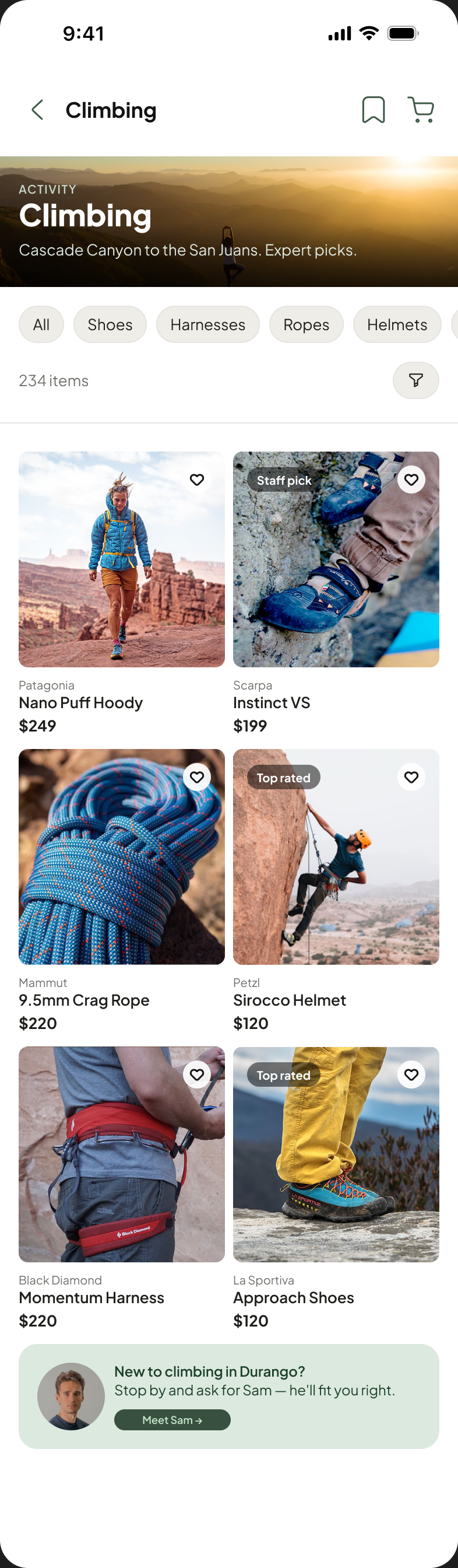 Climbing category screen with product type chips and a staff introduction card