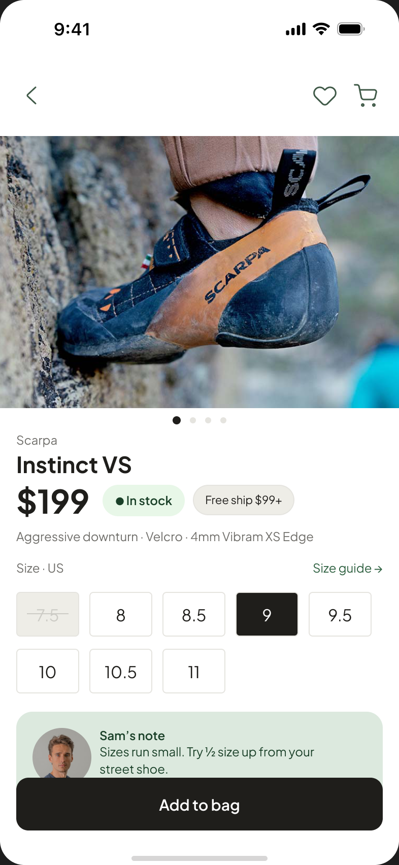 Product page for a climbing shoe with size selector and a staff sizing note
